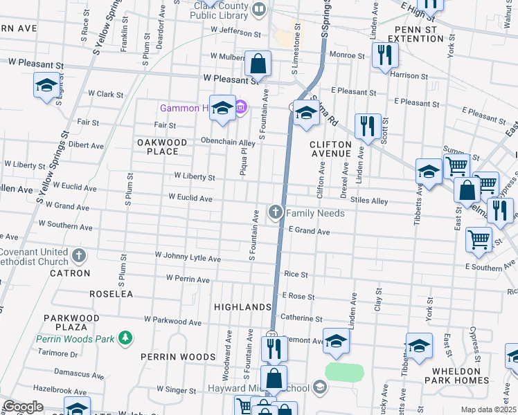 map of restaurants, bars, coffee shops, grocery stores, and more near 912 South Fountain Avenue in Springfield