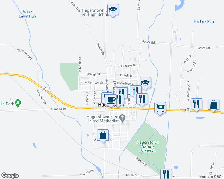 map of restaurants, bars, coffee shops, grocery stores, and more near 299 North Plum Street in Hagerstown