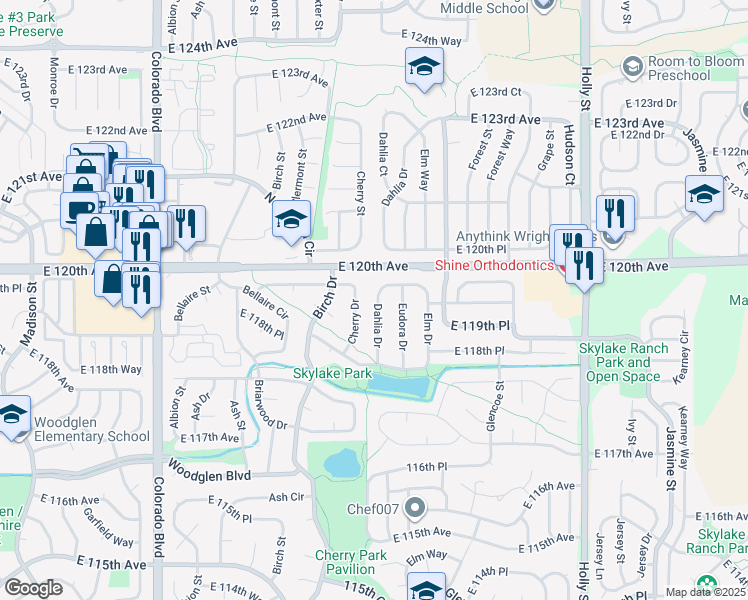 map of restaurants, bars, coffee shops, grocery stores, and more near 11993 Dahlia Drive in Thornton