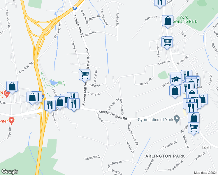 map of restaurants, bars, coffee shops, grocery stores, and more near 221 Cherry Street in York