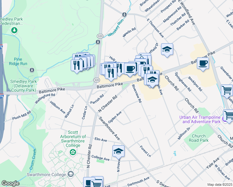 map of restaurants, bars, coffee shops, grocery stores, and more near 680 N Chester Rd in Swarthmore