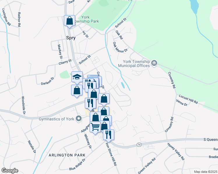 map of restaurants, bars, coffee shops, grocery stores, and more near 46 Circle Drive in York