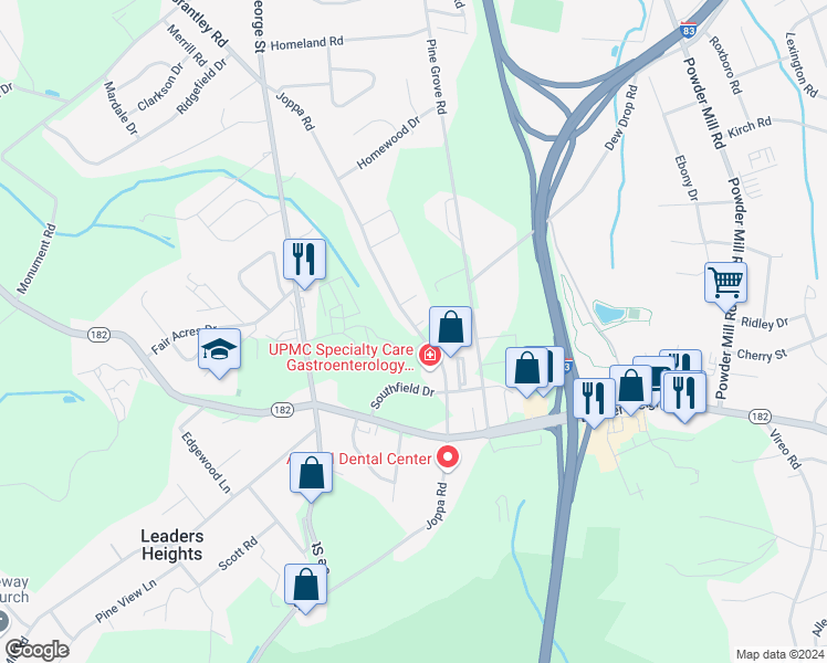 map of restaurants, bars, coffee shops, grocery stores, and more near 2556 Joppa Road in York