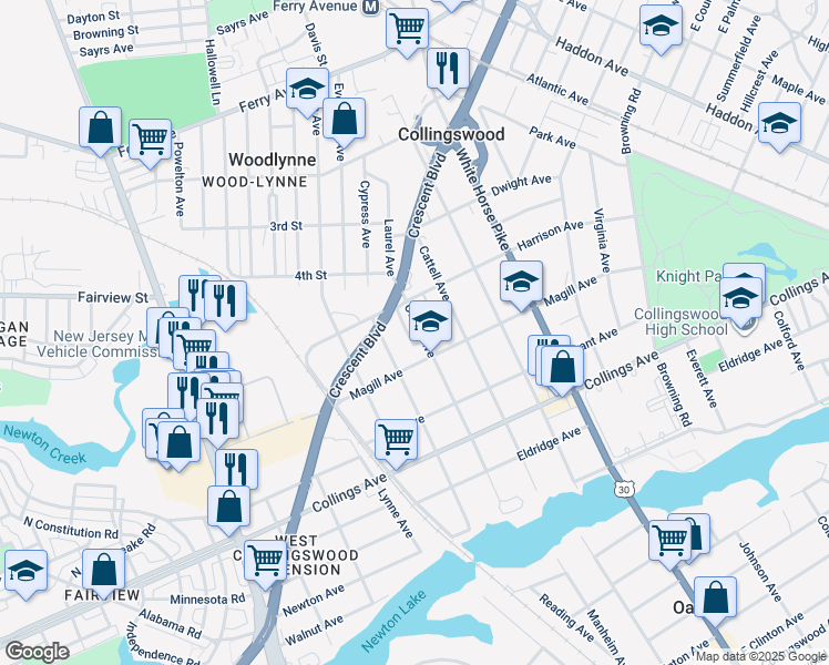 map of restaurants, bars, coffee shops, grocery stores, and more near 330 Comly Avenue in Collingswood