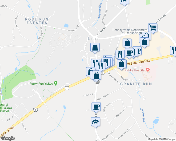map of restaurants, bars, coffee shops, grocery stores, and more near 40 Cabot Court in Media