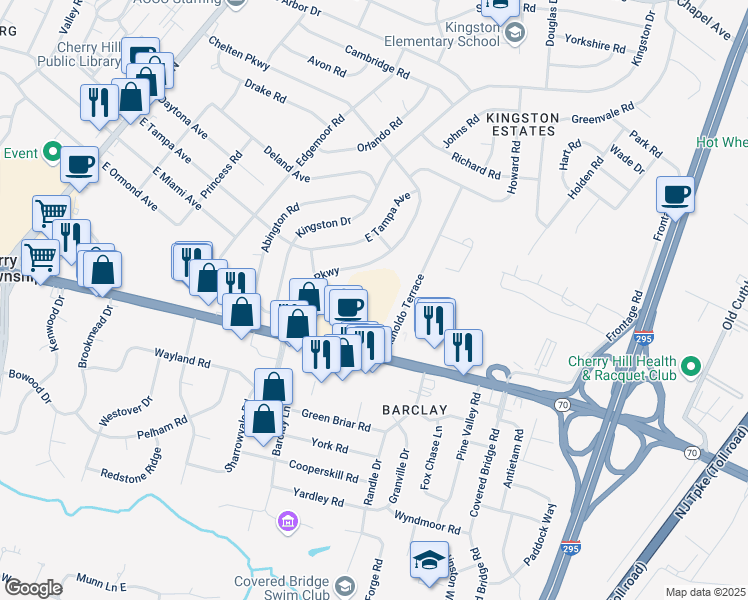 map of restaurants, bars, coffee shops, grocery stores, and more near 500 Barclay Walk in Cherry Hill