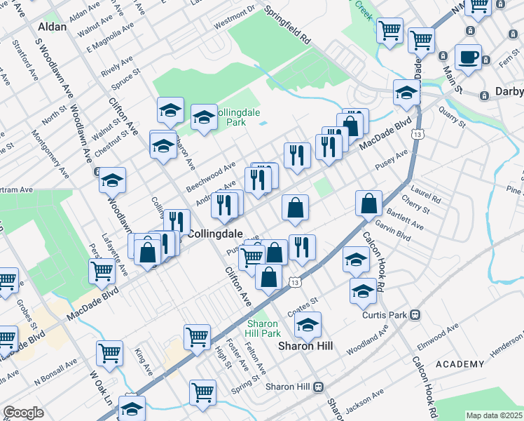 map of restaurants, bars, coffee shops, grocery stores, and more near 519 Macdade Boulevard in Collingdale