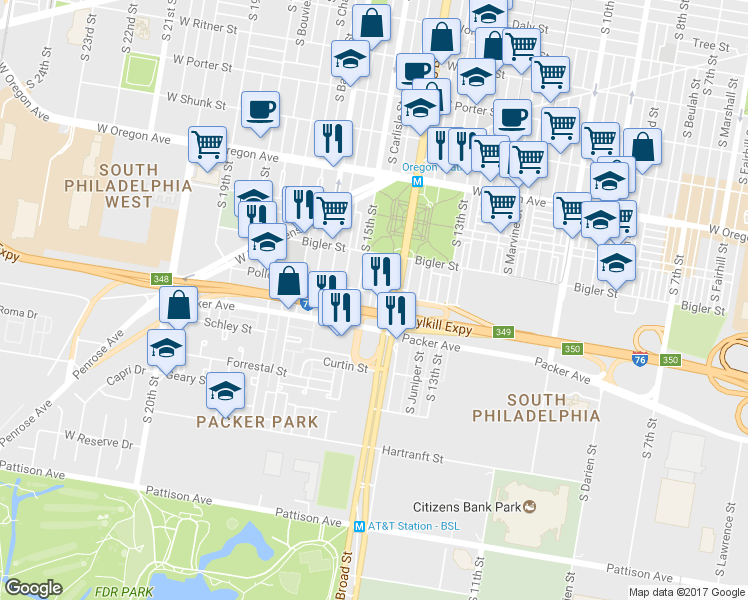 map of restaurants, bars, coffee shops, grocery stores, and more near 3007 South Carlisle Street in Philadelphia