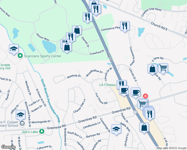 map of restaurants, bars, coffee shops, grocery stores, and more near 1004 Woodhollow Drive in Evesham Township