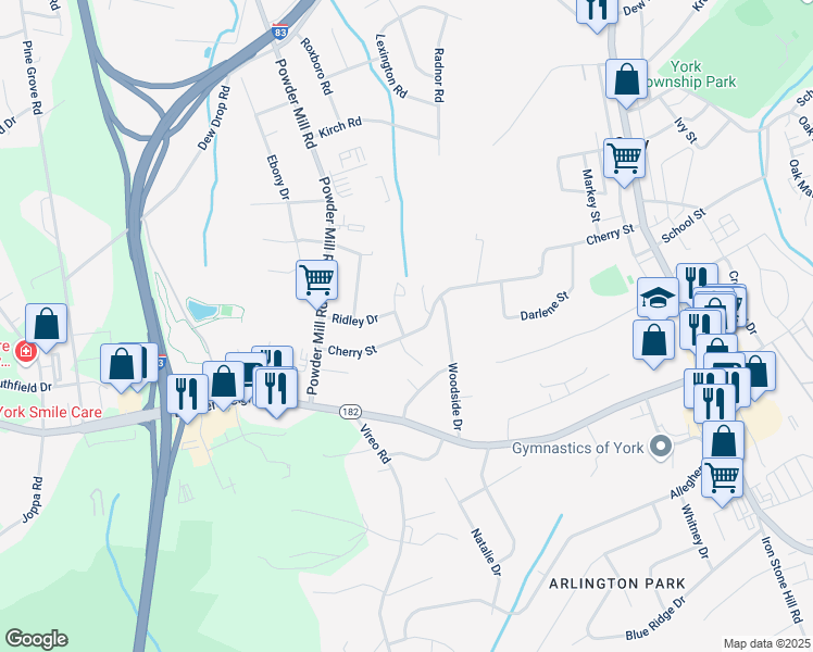 map of restaurants, bars, coffee shops, grocery stores, and more near 221 Cherry Street in York