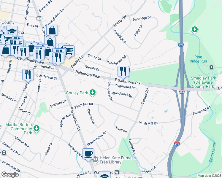 map of restaurants, bars, coffee shops, grocery stores, and more near 205 Grandview Road in Media