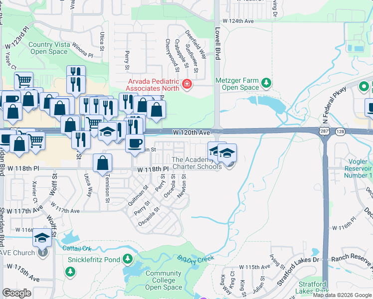 map of restaurants, bars, coffee shops, grocery stores, and more near 11900 Newton Street in Westminster