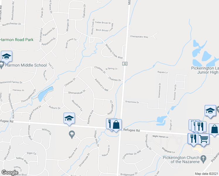 map of restaurants, bars, coffee shops, grocery stores, and more near 8620 Ashford Ln in Pickerington