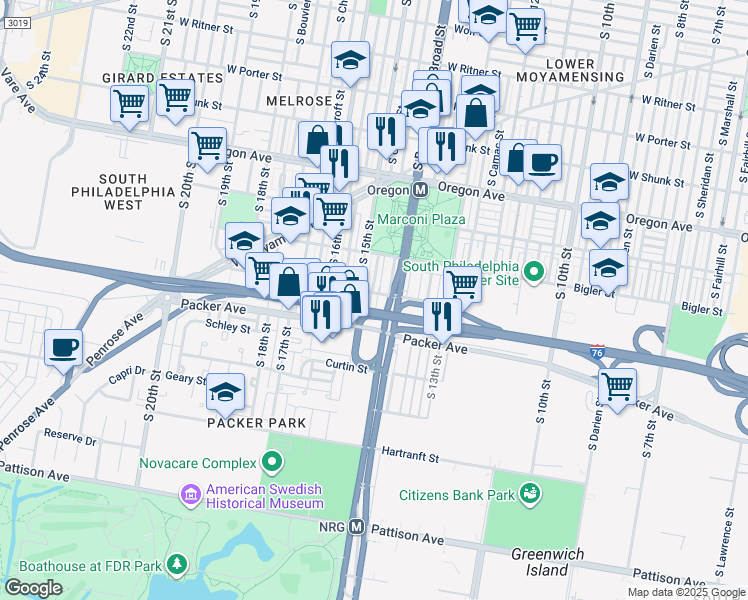 map of restaurants, bars, coffee shops, grocery stores, and more near 3007 South Carlisle Street in Philadelphia