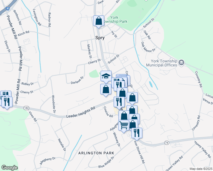 map of restaurants, bars, coffee shops, grocery stores, and more near 2500 South Queen Street in York
