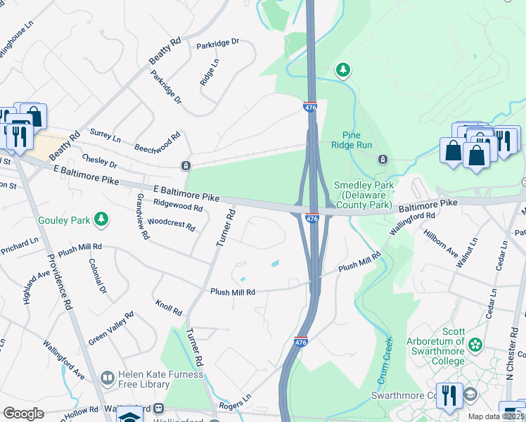 map of restaurants, bars, coffee shops, grocery stores, and more near 332 Crestview Circle in Media