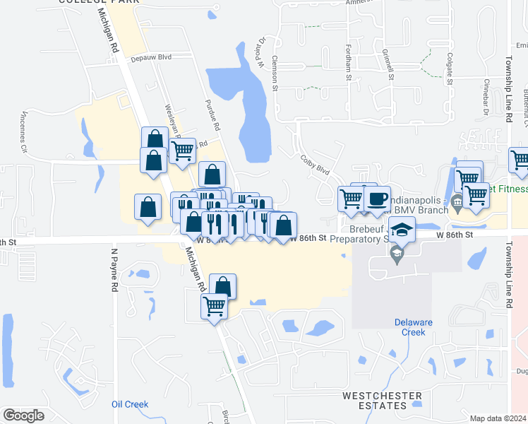 map of restaurants, bars, coffee shops, grocery stores, and more near 3333 Founders Road in Indianapolis