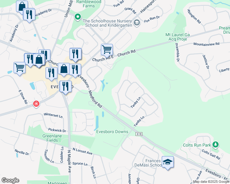 map of restaurants, bars, coffee shops, grocery stores, and more near 25 Hewlings Drive in Evesham