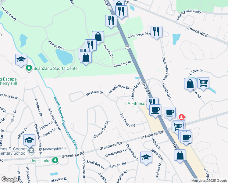 map of restaurants, bars, coffee shops, grocery stores, and more near 1615 Woodhollow Drive in Evesham Township