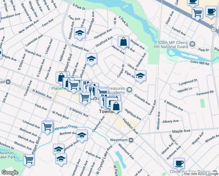 map of restaurants, bars, coffee shops, grocery stores, and more near 107 Cooper Avenue in Oaklyn