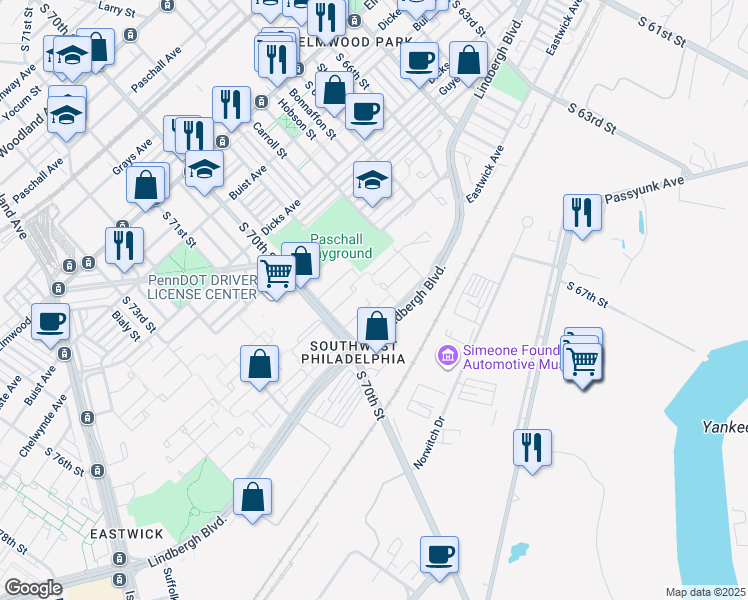 map of restaurants, bars, coffee shops, grocery stores, and more near 6912 Ibis Place in Philadelphia