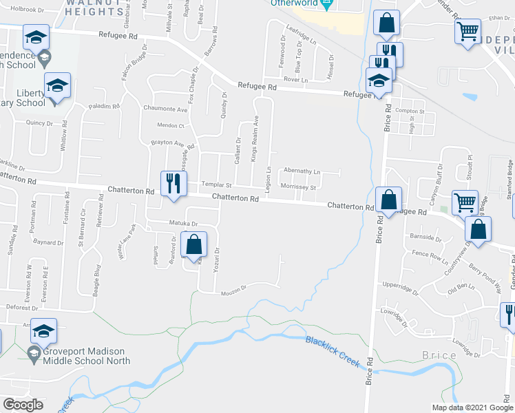 map of restaurants, bars, coffee shops, grocery stores, and more near 5803 Templar Street in Columbus