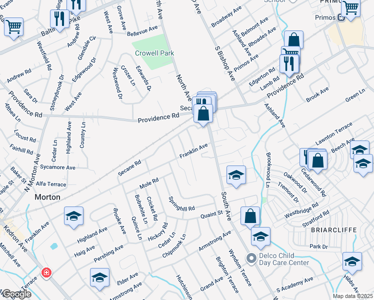 map of restaurants, bars, coffee shops, grocery stores, and more near 2523 Franklin Avenue in Delaware County