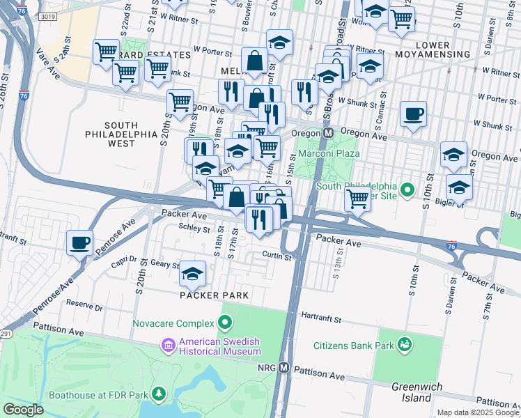 map of restaurants, bars, coffee shops, grocery stores, and more near 3018 South 16th Street in Philadelphia