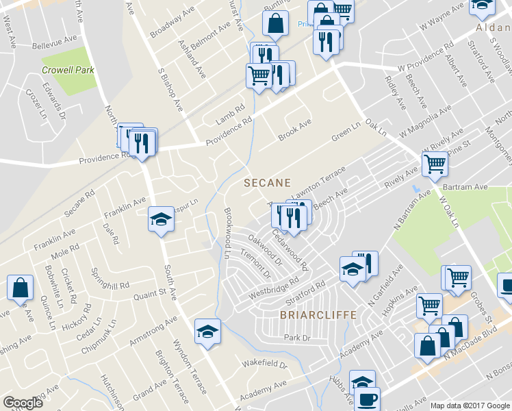 map of restaurants, bars, coffee shops, grocery stores, and more near 1275 Nicole Lane in Upper Darby