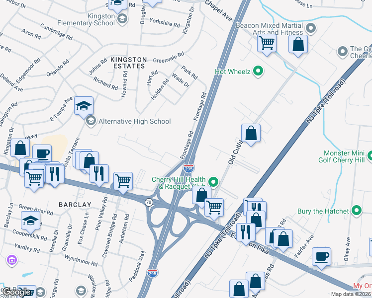 map of restaurants, bars, coffee shops, grocery stores, and more near 1600 Frontage Road in Cherry Hill