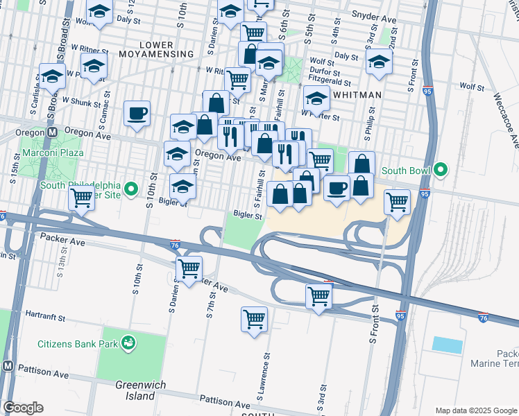 map of restaurants, bars, coffee shops, grocery stores, and more near 2839 South Fairhill Street in Philadelphia