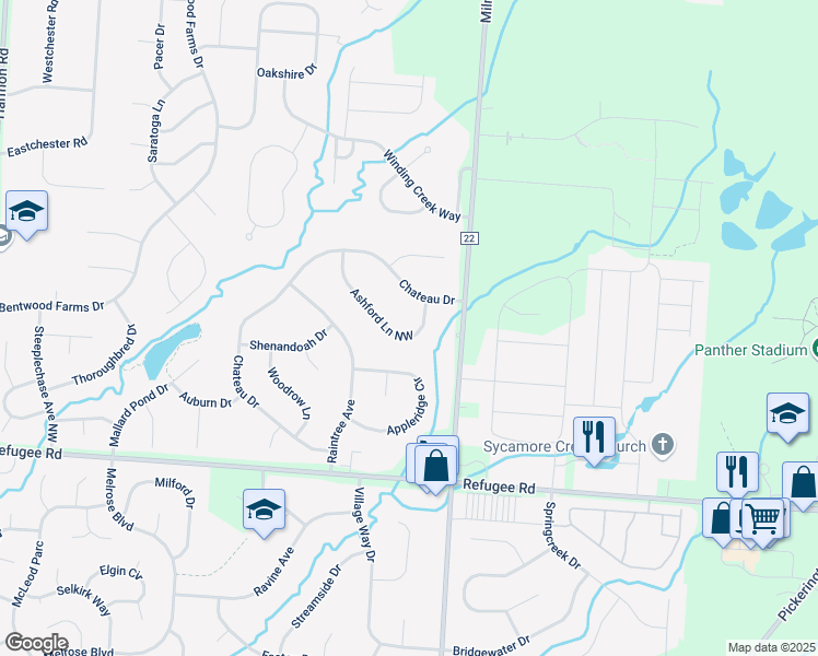 map of restaurants, bars, coffee shops, grocery stores, and more near 8620 Ashford Lane Northwest in Pickerington