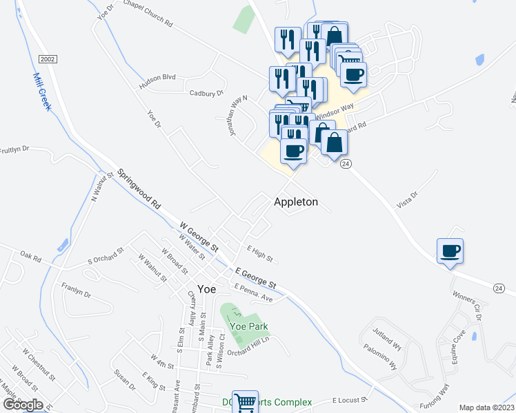 map of restaurants, bars, coffee shops, grocery stores, and more near 122 Orchard Court in Red Lion
