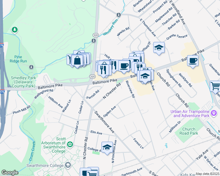 map of restaurants, bars, coffee shops, grocery stores, and more near 680 North Chester Road in Swarthmore
