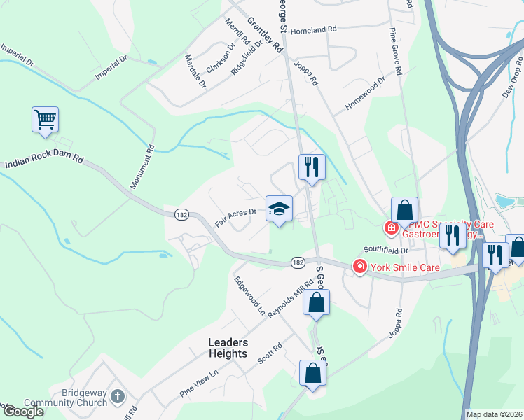 map of restaurants, bars, coffee shops, grocery stores, and more near Fair Acres Drive in York