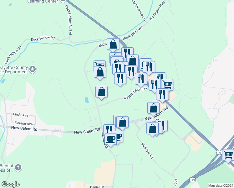 map of restaurants, bars, coffee shops, grocery stores, and more near 140 Wayland Smith Drive in Uniontown