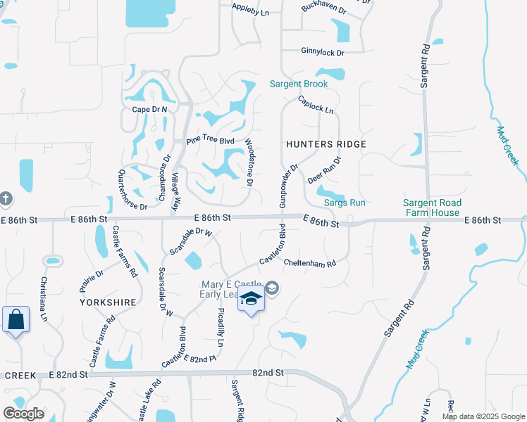 map of restaurants, bars, coffee shops, grocery stores, and more near 8636 Gunpowder Drive in Indianapolis