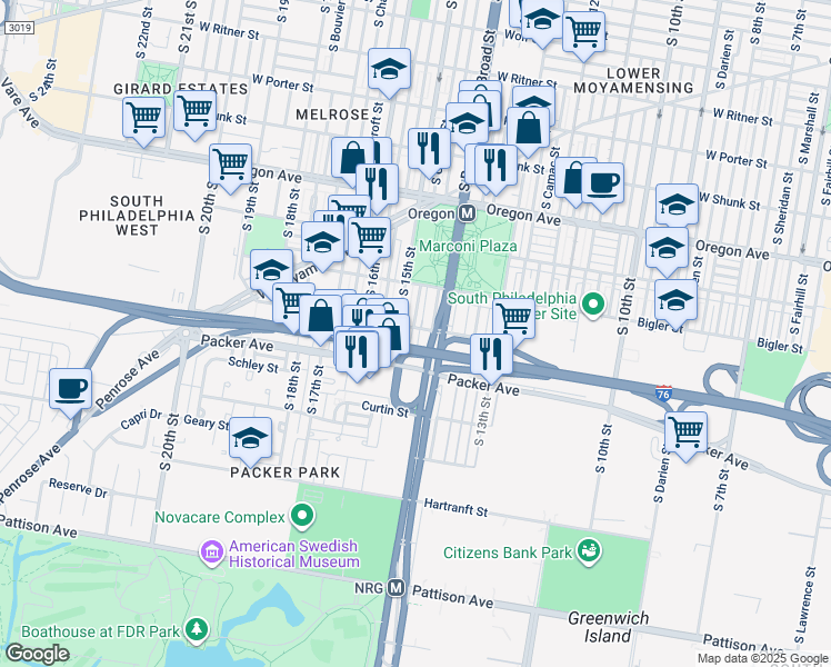 map of restaurants, bars, coffee shops, grocery stores, and more near 3003 South Carlisle Street in Philadelphia