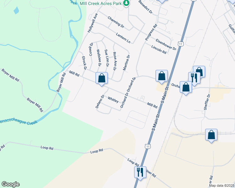 map of restaurants, bars, coffee shops, grocery stores, and more near 211 Mill Road in Chambersburg