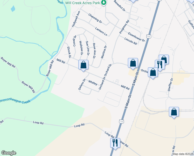 map of restaurants, bars, coffee shops, grocery stores, and more near 211 Mill Road in Chambersburg
