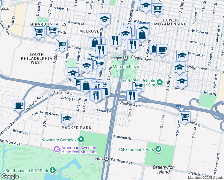 map of restaurants, bars, coffee shops, grocery stores, and more near 3003 South Carlisle Street in Philadelphia