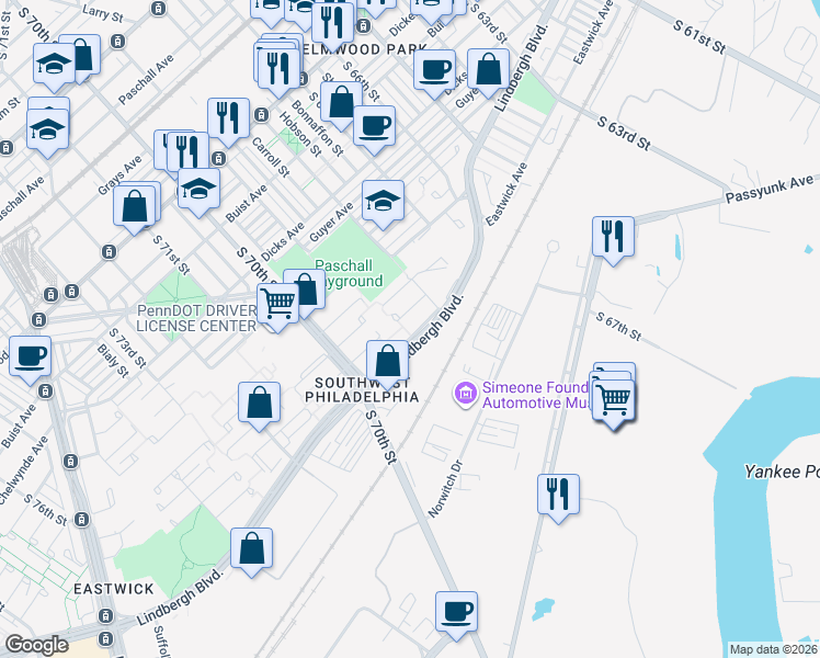 map of restaurants, bars, coffee shops, grocery stores, and more near 6807 Lindbergh Boulevard in Philadelphia