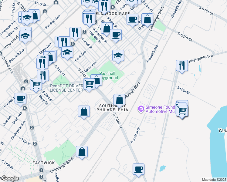 map of restaurants, bars, coffee shops, grocery stores, and more near 6918 Grosbeak Place in Philadelphia