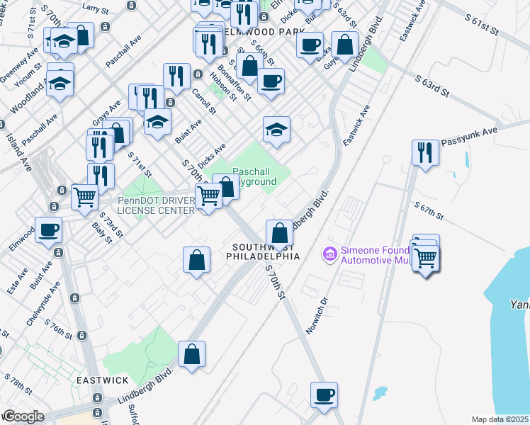 map of restaurants, bars, coffee shops, grocery stores, and more near 6918 Grosbeak Place in Philadelphia