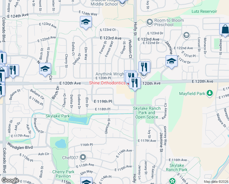 map of restaurants, bars, coffee shops, grocery stores, and more near 5321 East 119th Court in Thornton