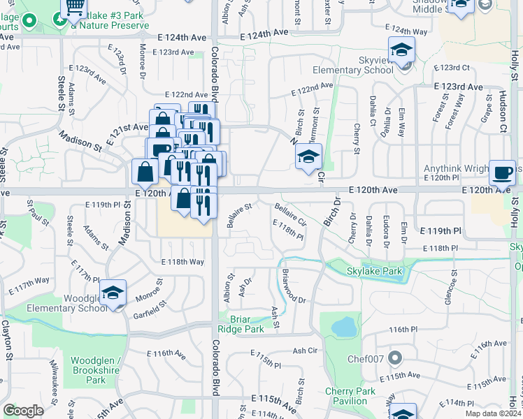 map of restaurants, bars, coffee shops, grocery stores, and more near 11982 Bellaire Street in Thornton