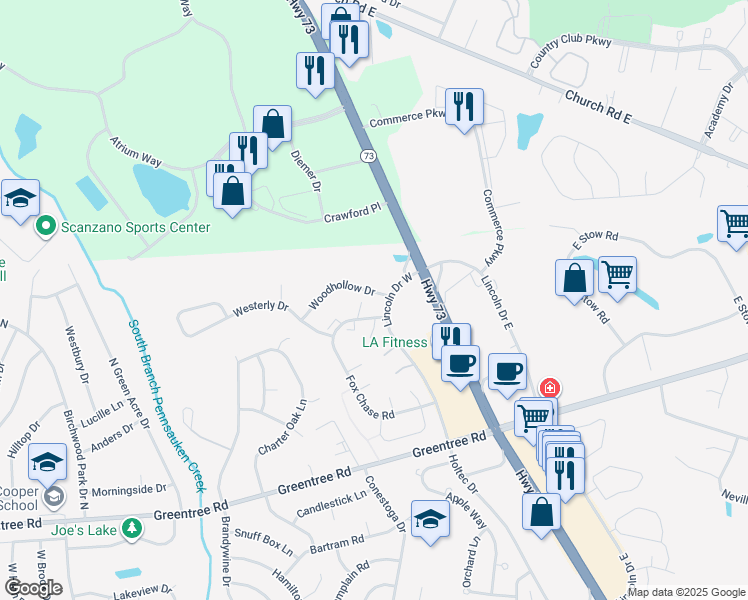 map of restaurants, bars, coffee shops, grocery stores, and more near 113 Woodhollow Drive in Evesham Township