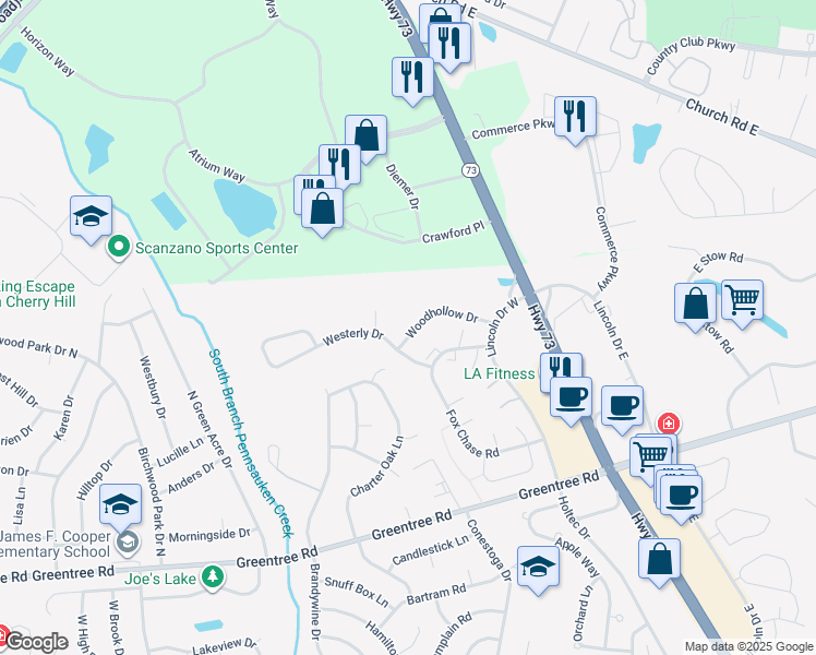 map of restaurants, bars, coffee shops, grocery stores, and more near 1516 Woodhollow Drive in Evesham