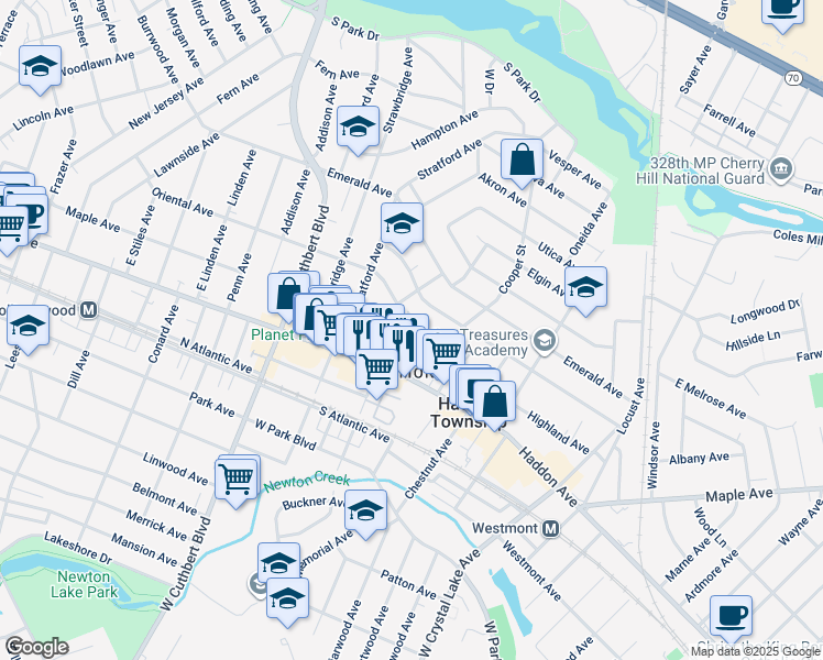 map of restaurants, bars, coffee shops, grocery stores, and more near 46 Cambridge Avenue in Haddon Township