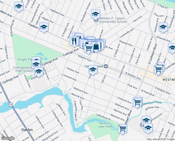 map of restaurants, bars, coffee shops, grocery stores, and more near 735 Park Avenue in Collingswood
